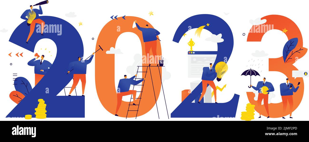 Le personnel du bureau se prépare à rencontrer la nouvelle année 2023. Illustration vectorielle. Les personnages de dessin animé réparent les numéros. L'image est isolée sur fond blanc Illustration de Vecteur