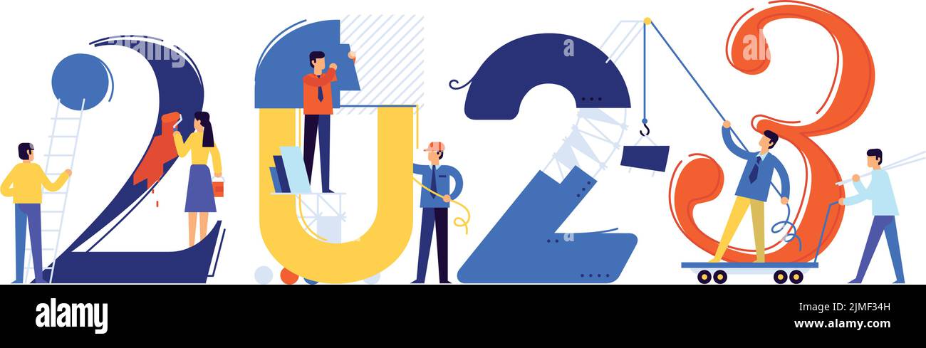 Le personnel du bureau se prépare à rencontrer la nouvelle année 2023. Illustration vectorielle. Les personnages de dessin animé réparent les numéros. L'image est isolée sur fond blanc Illustration de Vecteur