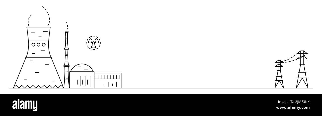 Bannière Web avec centrale nucléaire ou atomique dessinant dans le style de l'art de ligne. Illustration de Vecteur
