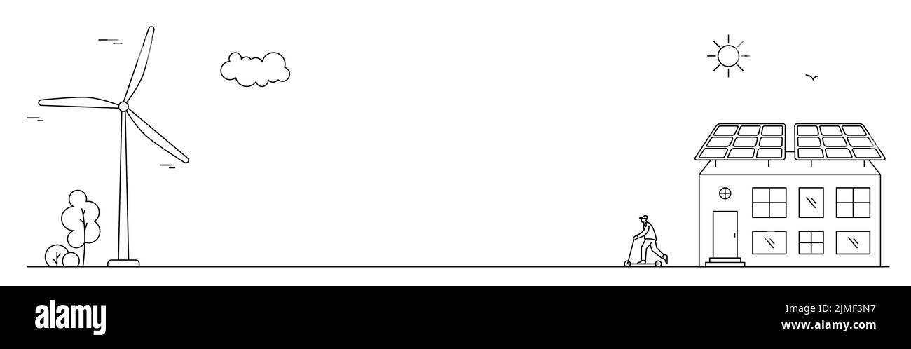 Séparateur avec énergie solaire et éolienne renouvelable. Illustration d'art de la ligne de quartier avec maison, homme et collecteur de soleil. Illustration de Vecteur