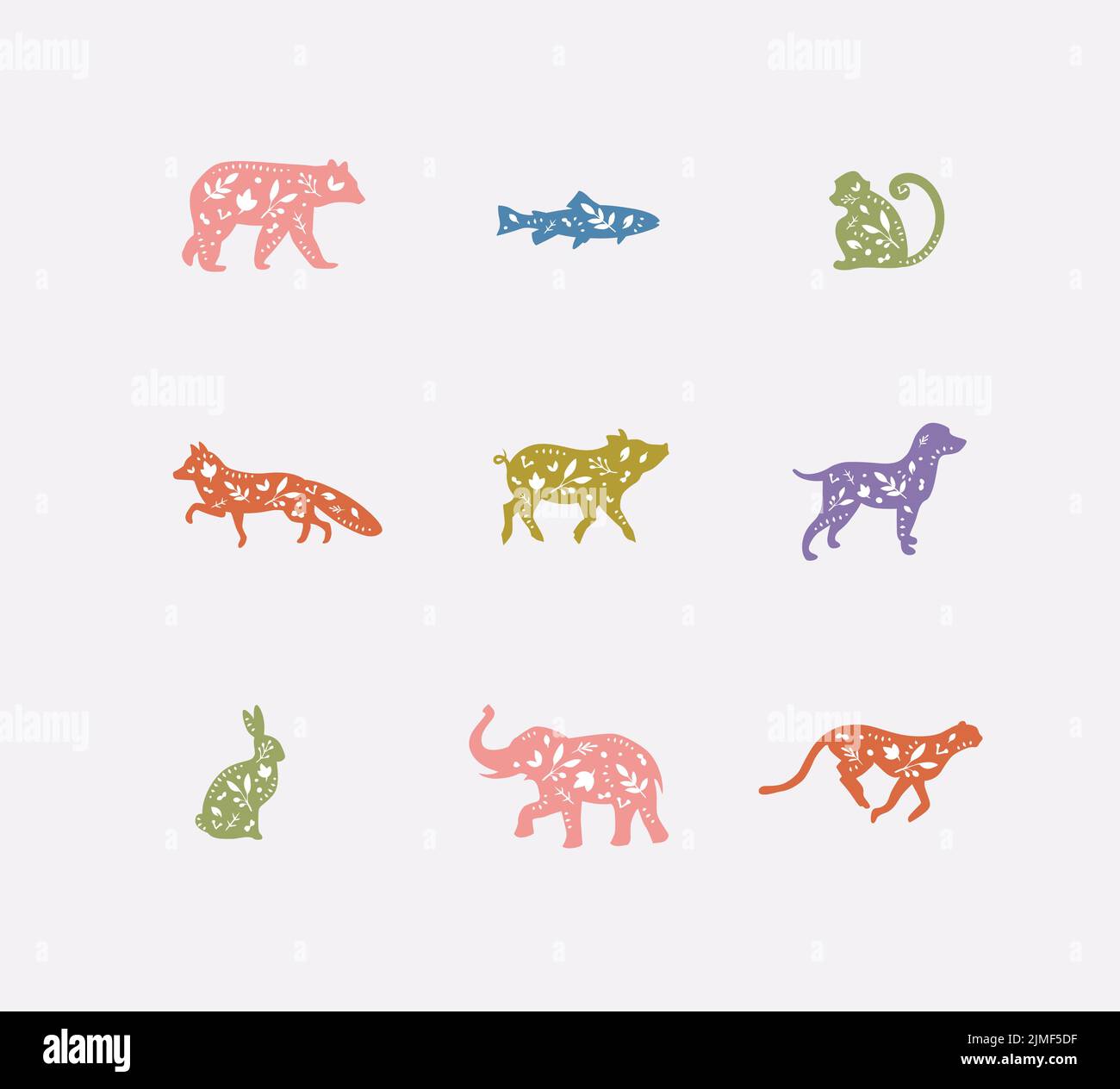 Ensemble d'animaux fleurs silhouettes graphiques ours, poisson, singe, renard, porc, chien, lapin, éléphant, guépard dessin avec de la couleur sur fond sale Illustration de Vecteur