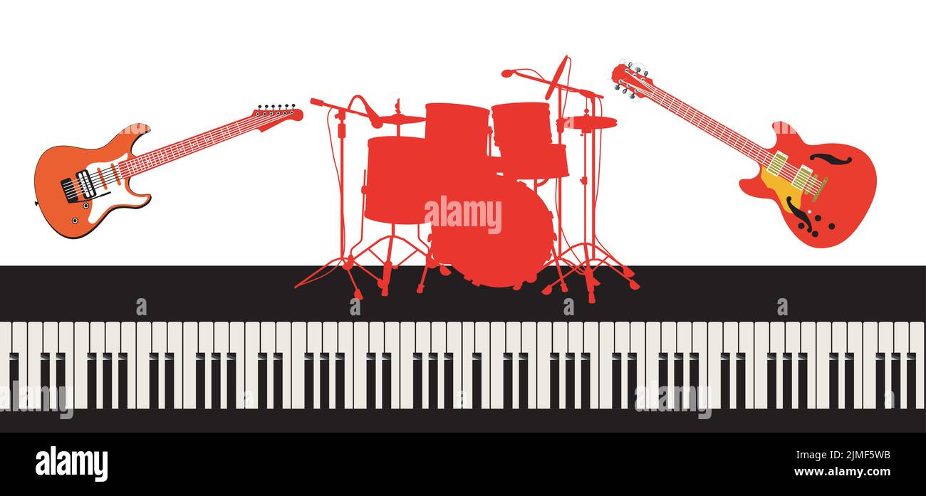 Instruments de musique, guitares, batterie et piano, musique rock, illustration Illustration de Vecteur