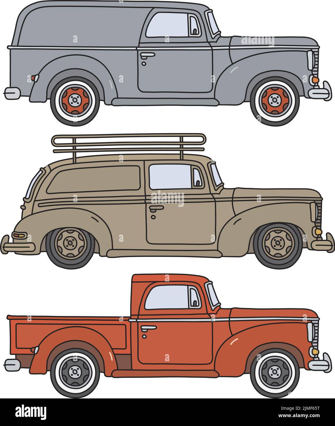Le dessin à la main vectorisé de trois véhicules de livraison rétro Illustration de Vecteur