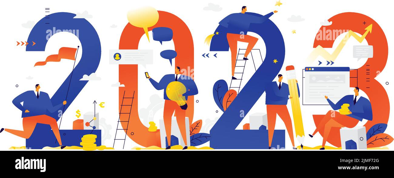Le personnel du bureau se prépare à rencontrer la nouvelle année 2023. Illustration vectorielle. Les personnages de dessin animé réparent les numéros. L'image est isolée sur fond blanc Illustration de Vecteur