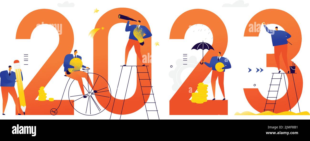 Le personnel du bureau se prépare à rencontrer la nouvelle année 2023. Illustration vectorielle. Les personnages de dessin animé réparent les numéros. L'image est isolée sur fond blanc Illustration de Vecteur