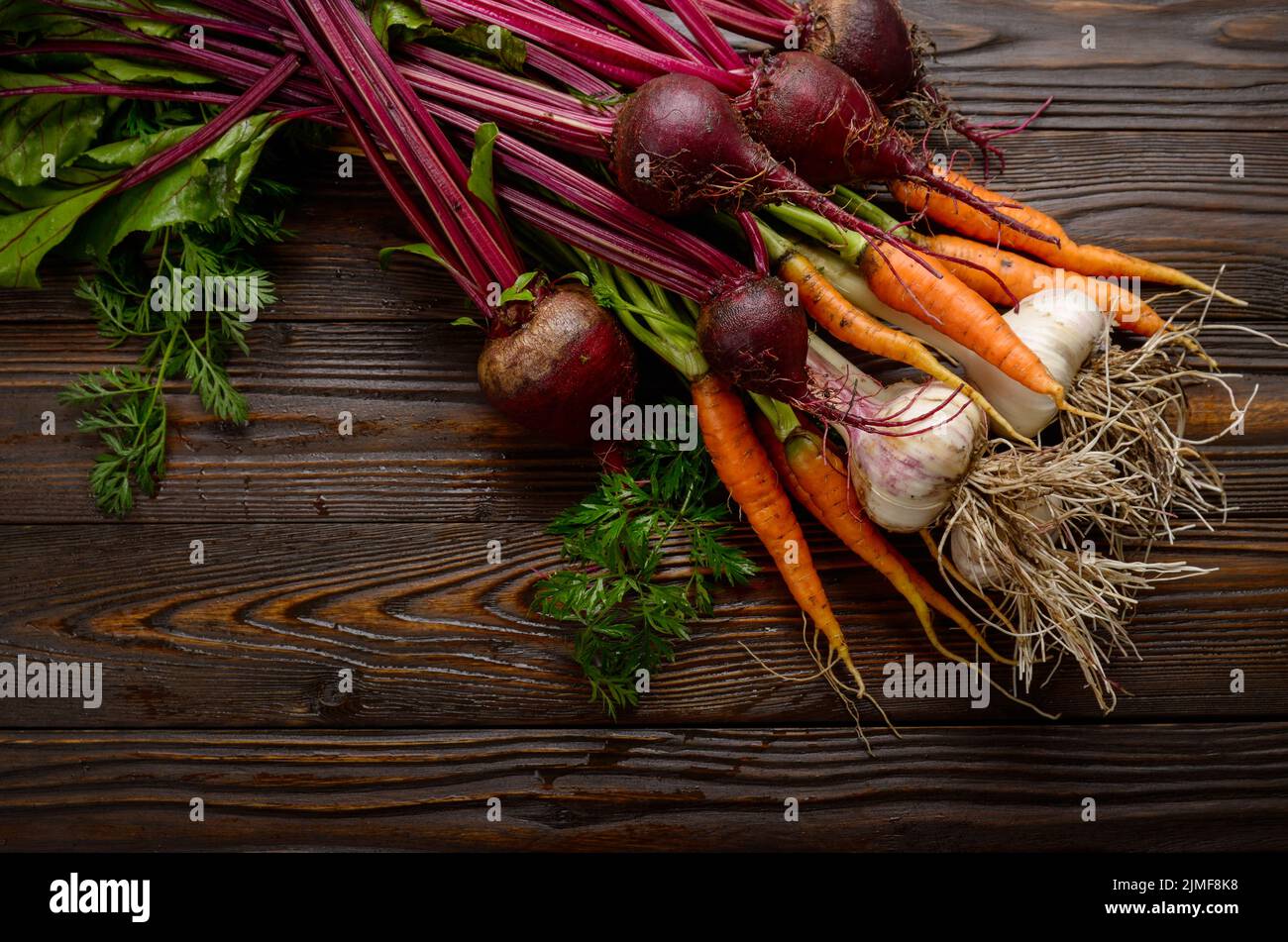 Arrière-plan de végétariens produits frais bio betterave ail vert et des carottes sur la table de cuisine rustique en bois Banque D'Images