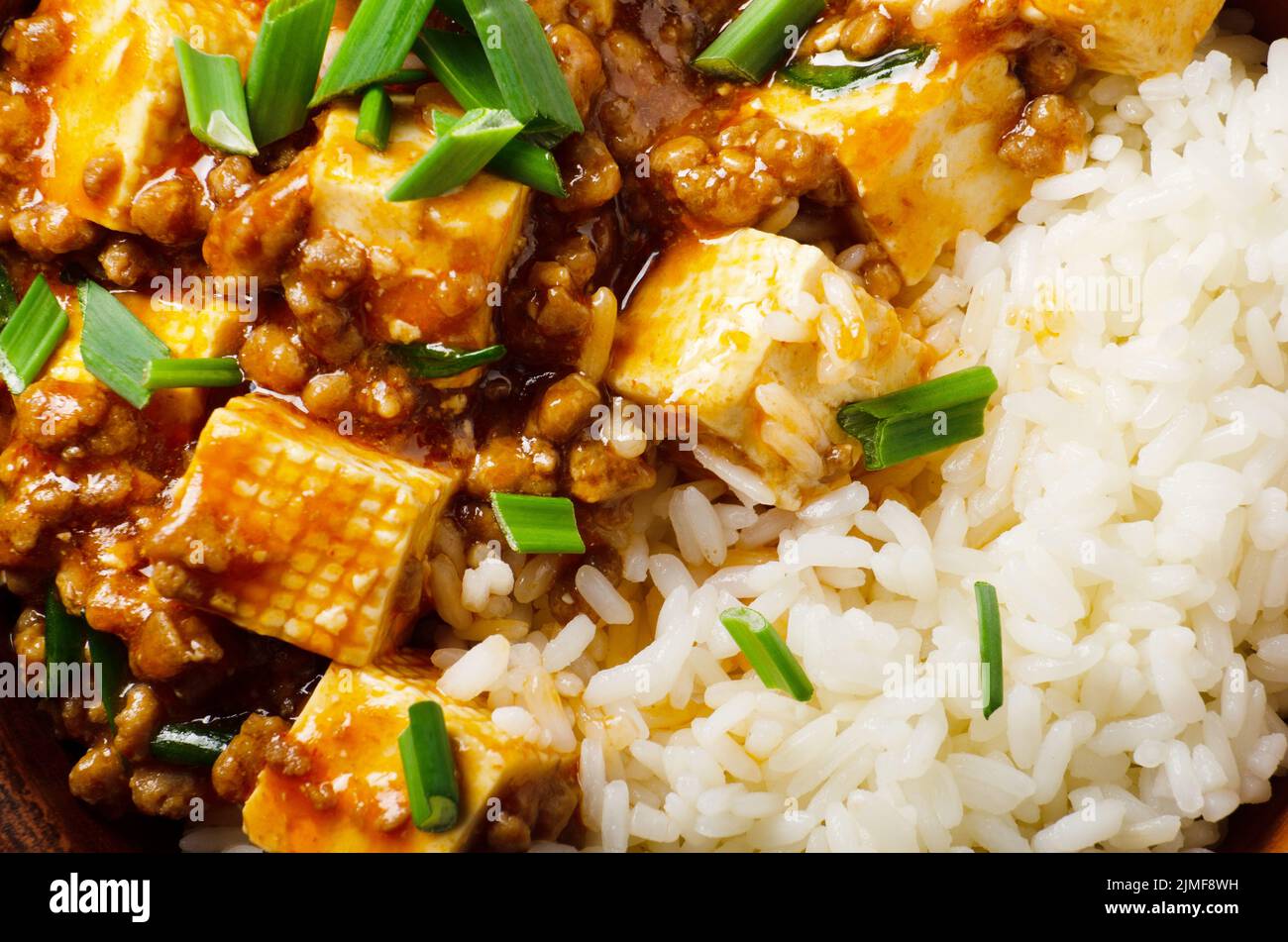 Authentique cuisine chinoise traditionnelle plat de tofu mapo avec ciboulette de porc et riz cuit à la vapeur Banque D'Images