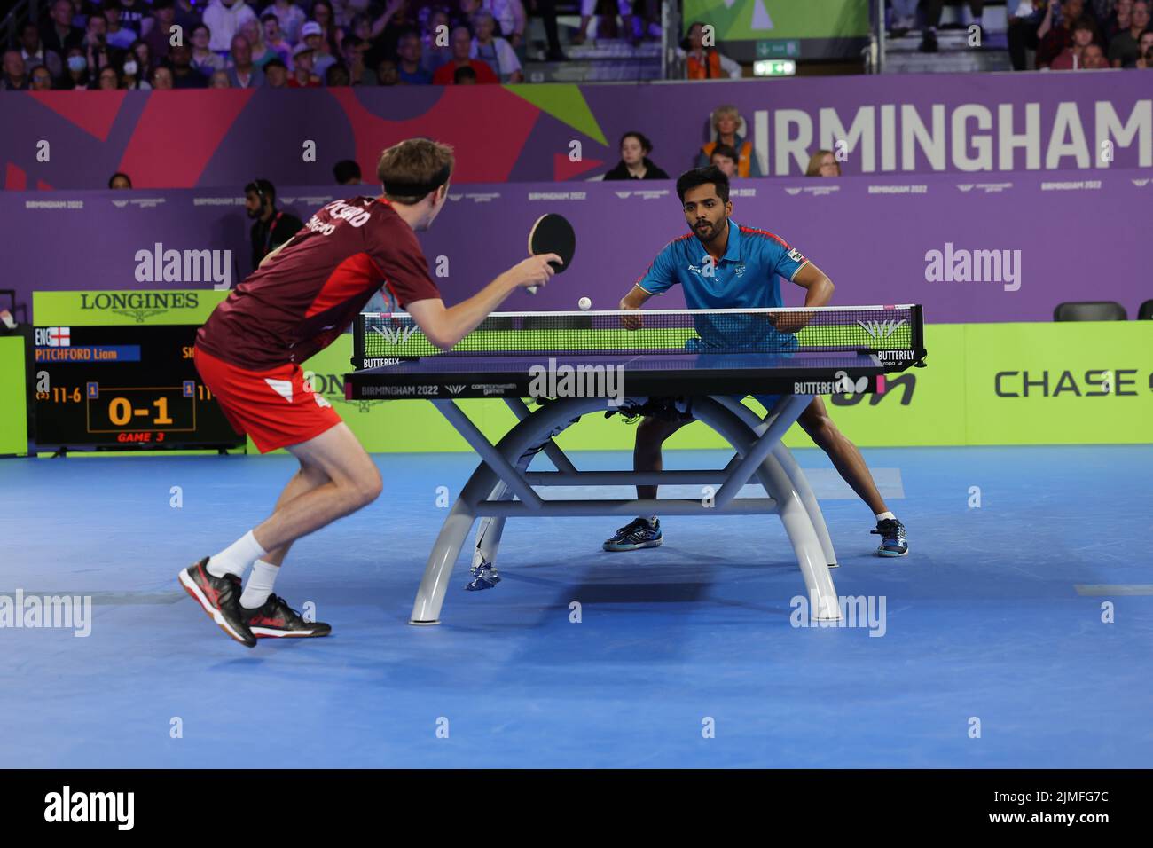 Birmingham, Royaume-Uni, 6th août 2022: Tennis de table hommes QF 4: L Pitchford (ENG) vs S Shetty (IND) Pitchford a gagné le jeu Seshadri SUKUMAR crédit: Seshadri SUKUMAR/Alay Live News Banque D'Images