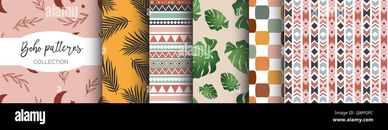 Collection de motifs sans couture Boho, Bali. Ensemble de graphiques pour les arrière-plans, les invitations de mariage, les prospectus de fête, les dépliants d'événement, le pack papier, Illustration de Vecteur
