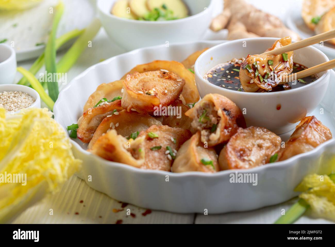 En-cas japonais traditionnel de boulettes de gyoza. Banque D'Images
