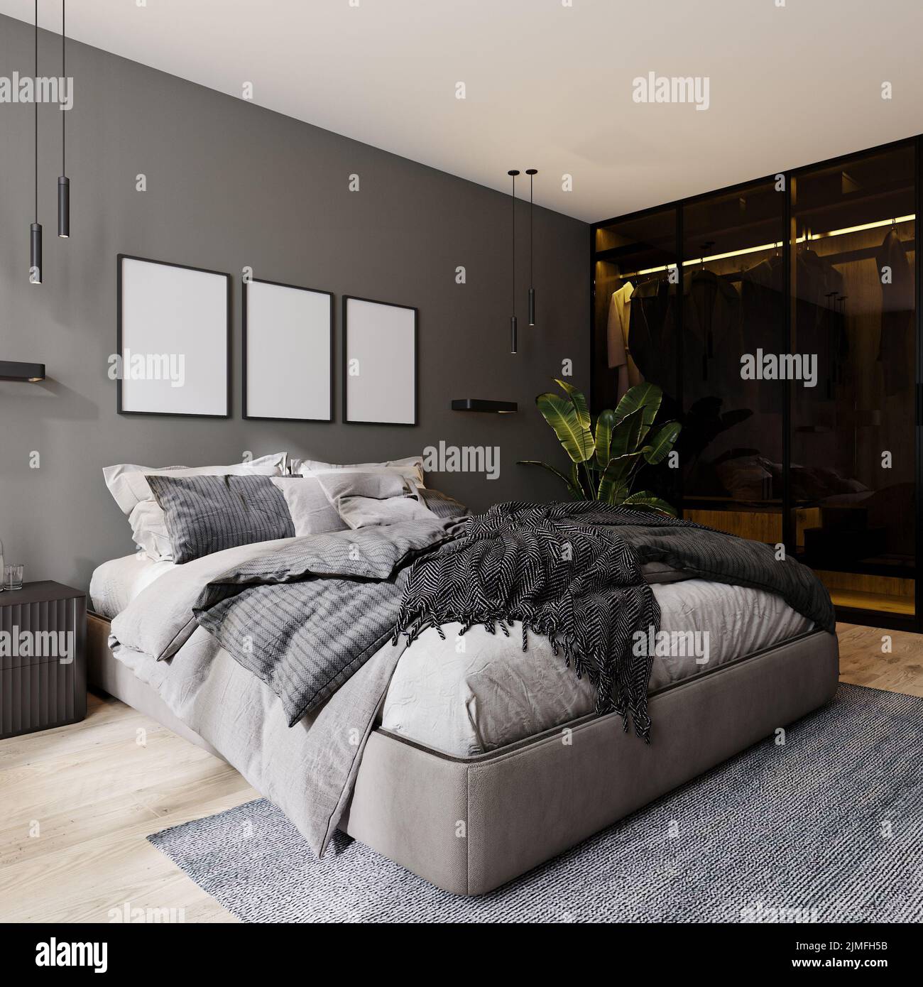 cadre d'affiche maquette dans l'intérieur moderne de la chambre avec mur gris et lit et armoire en verre avec rétroéclairage, 3d rendu Banque D'Images
