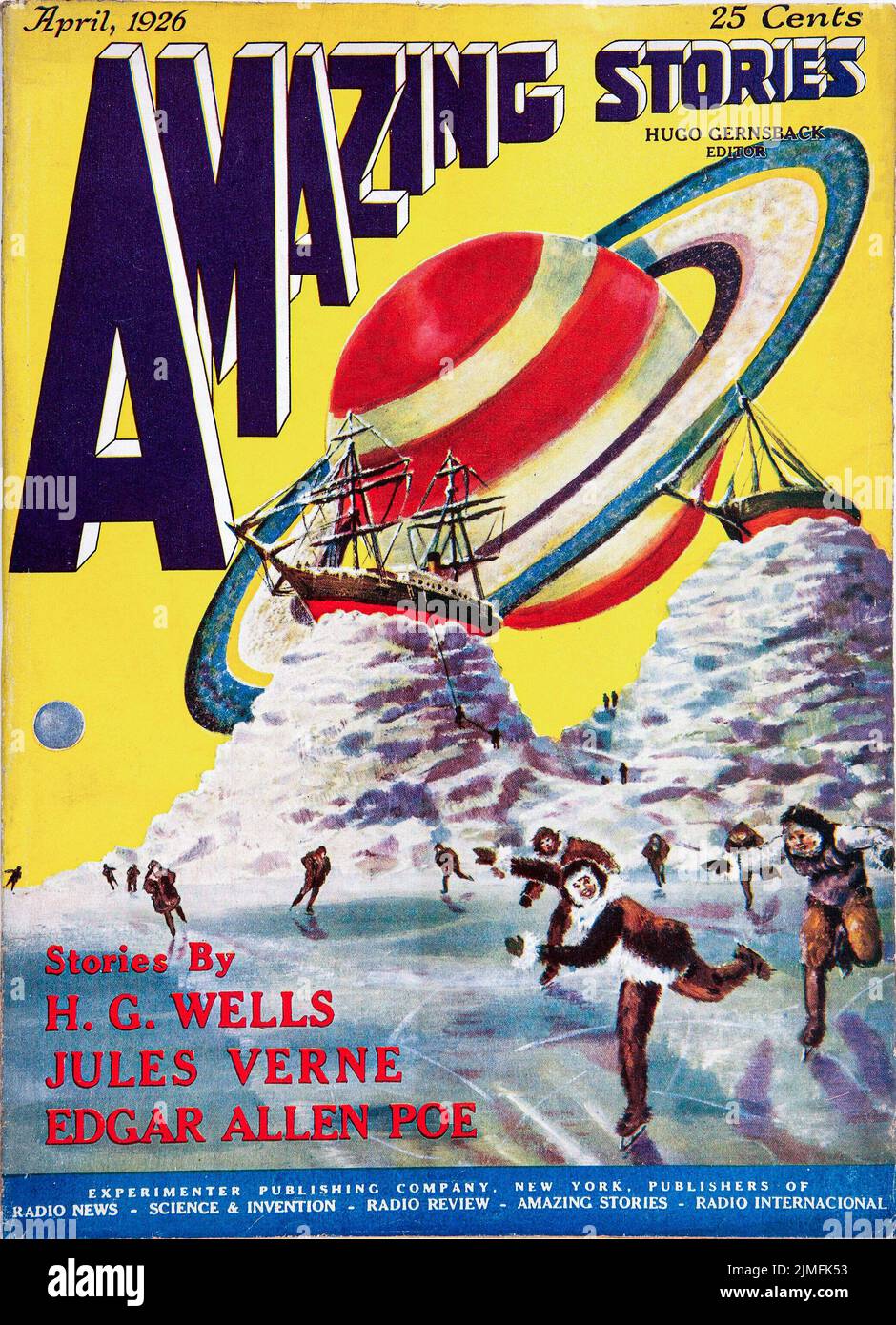 Couverture des histoires étonnantes avril 1926, Volume 1, Numéro 1. La couverture représente « Off on a Comet » de Jules Verne. Couverture par Frank R. Paul Banque D'Images