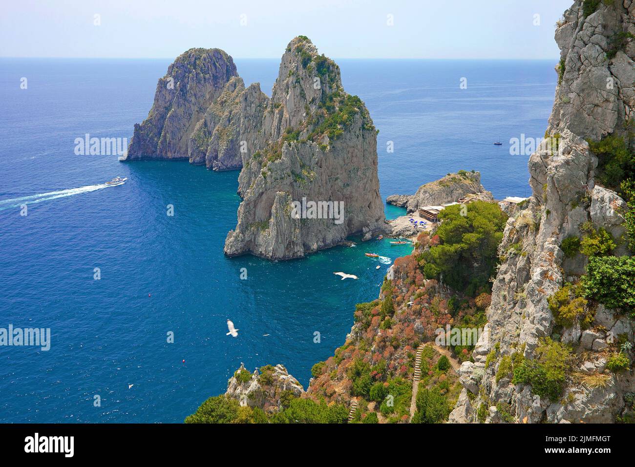 Vue depuis le jardin d'Auguste (Giardini di Augusto) sur les rochers des Faraglioni, côte sud de l'île de Capri, Golfe de Naples, Campanie, Italie, Europe Banque D'Images Vue depuis le jardin d'Auguste (Giardini di Augusto) sur les rochers des Faraglioni, côte sud de l'île de Capri, Golfe de Naples, Campanie, Italie, Europe Banque D'Images