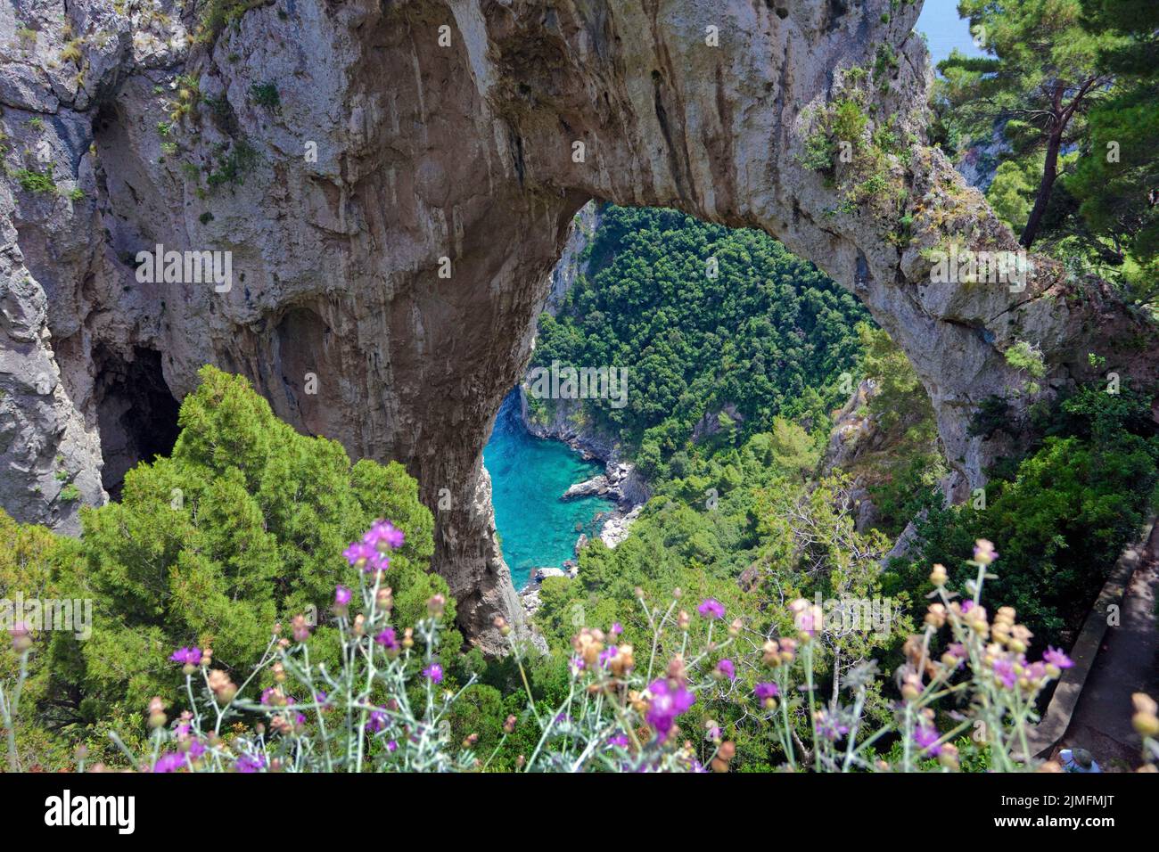 Vue sur la porte rocheuse Arco Naturale sur la côte escarpée de l'île de Capri, le golfe de Naples, la Campanie, l'Italie, l'Europe Banque D'Images