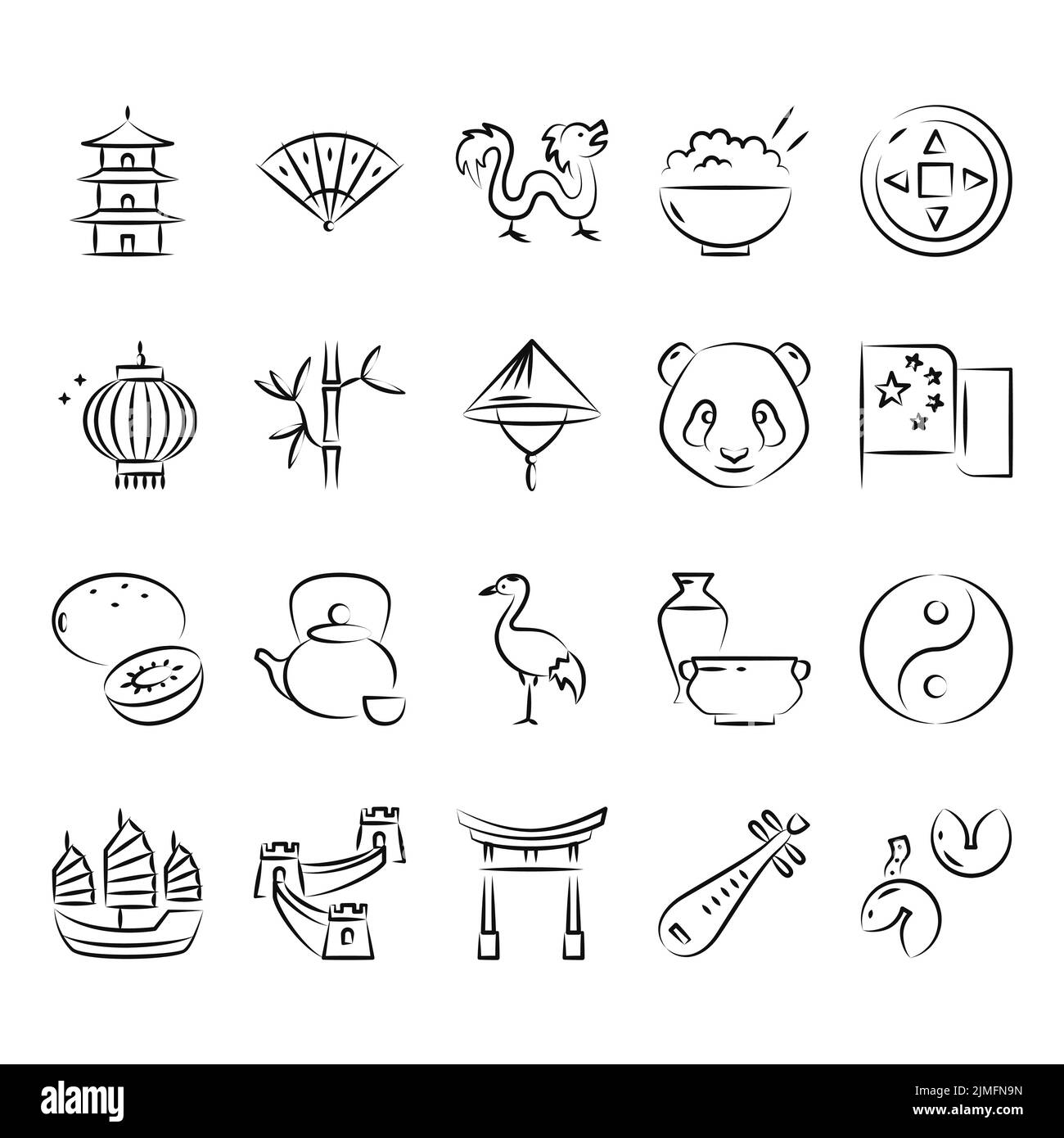 Jeu d'icônes de symboles nationaux de Chine. Éléments chinois traditionnels. Illustration vectorielle. Illustration de Vecteur