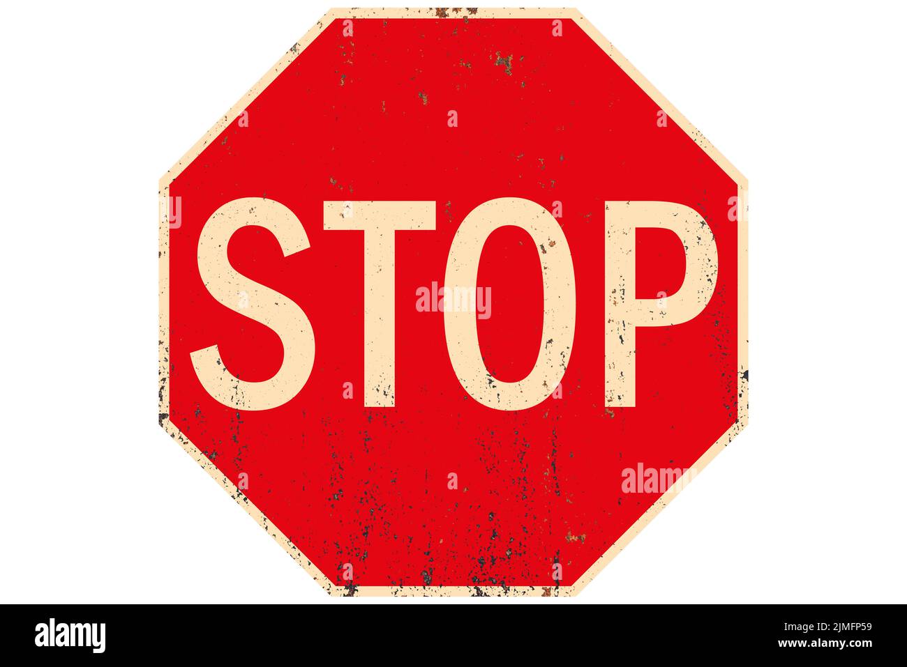 Panneau de signalisation symbole Stop sur panneau métallique rouillé et grundy isolé sur fond blanc. Illustration de haute qualité Banque D'Images