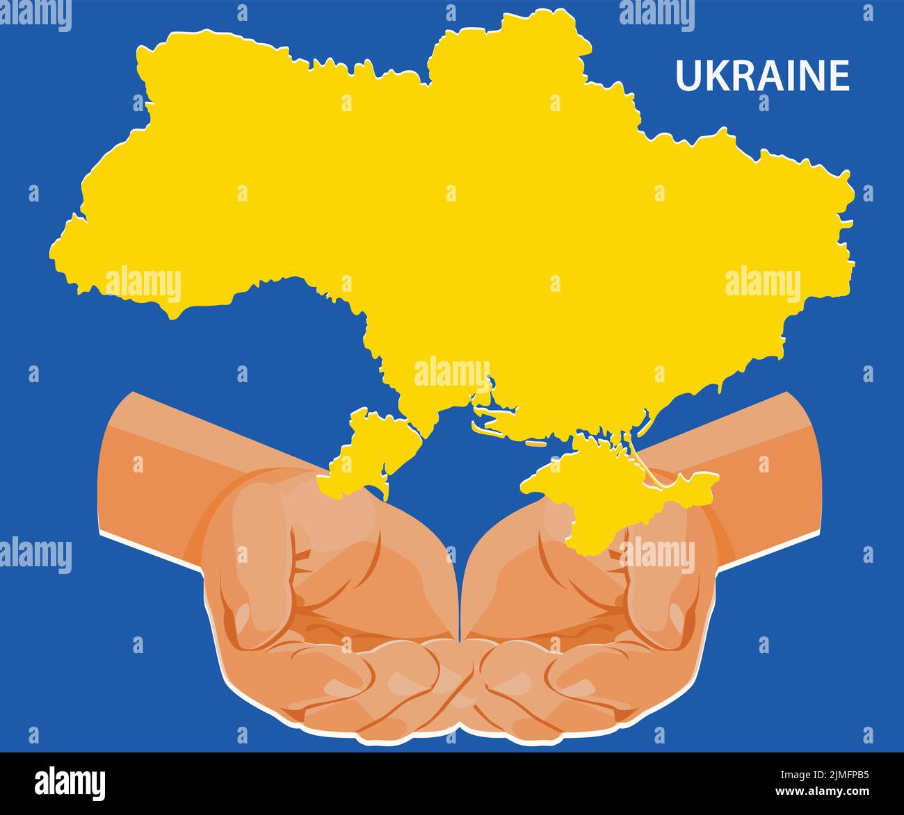 Un dessin vectoriel de la carte du pays de l'Ukraine en main, tenez-vous avec l'Ukraine sur fond bleu Illustration de Vecteur