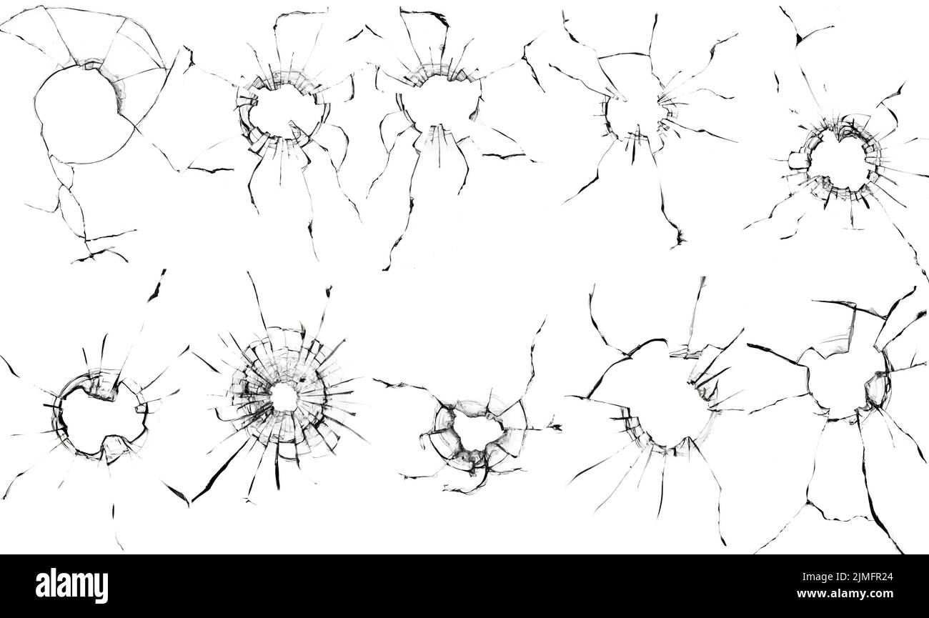 Textures de verre brisé.L'effet des fissures sur la vitre.Éléments à utiliser dans le design, un grand ensemble de photos dans une seule photo. Banque D'Images