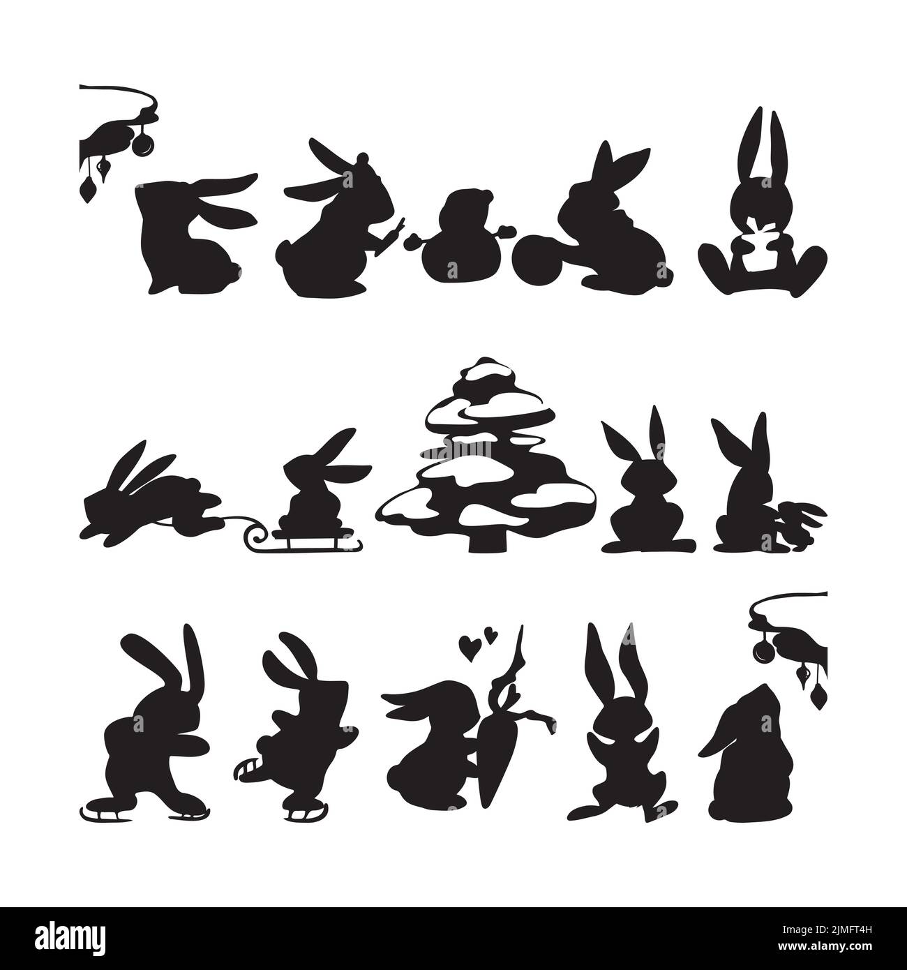 Ensemble de silhouettes noir et blanc de lapins Illustration de Vecteur