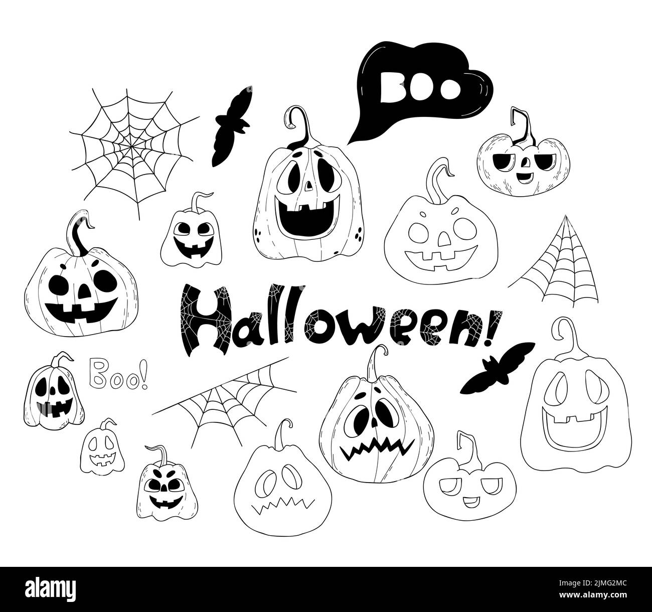 Collection Halloween. Citrouilles, chauve-souris et toile. Mises en plan manuelles linéaires vectorielles de style doodle. Éléments isolés pour la décoration, le design, la décoration de vacances Illustration de Vecteur