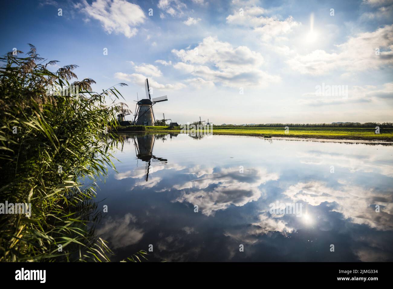 Image horizontale des célèbres moulins à vent hollandais de Kinderdijk, site classé au patrimoine mondial de l'UNESCO. Sur la photo sont cinq des 19 wi Banque D'Images