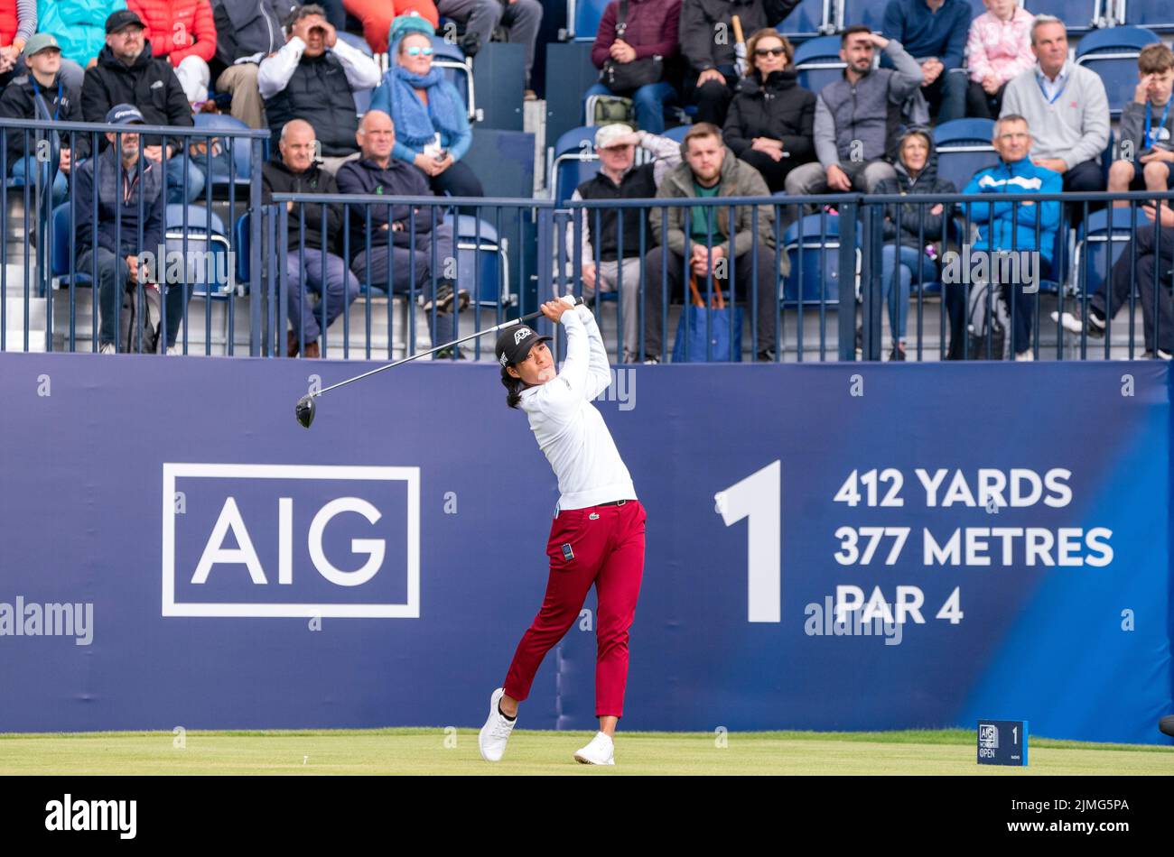 Céline Boutier à bord du premier tee pendant la troisième journée de l'Open féminin AIG à Muirfield à Gullane, en Écosse. Date de la photo: Samedi 6 août 2022. Banque D'Images