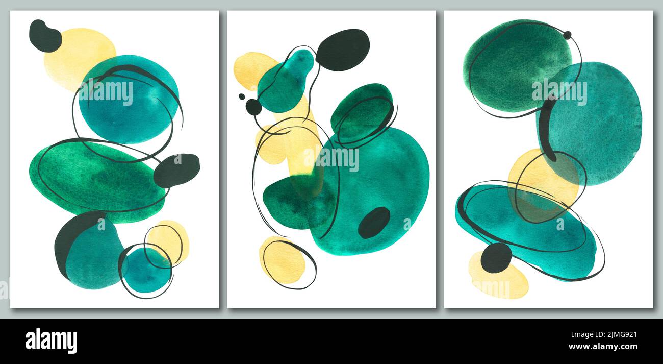 Triptyque de trois compositions aux couleurs turquoise et bleu. Résumé, illustration aquarelle. Pour la conception et la décoration des affiches, des cartes postales Banque D'Images