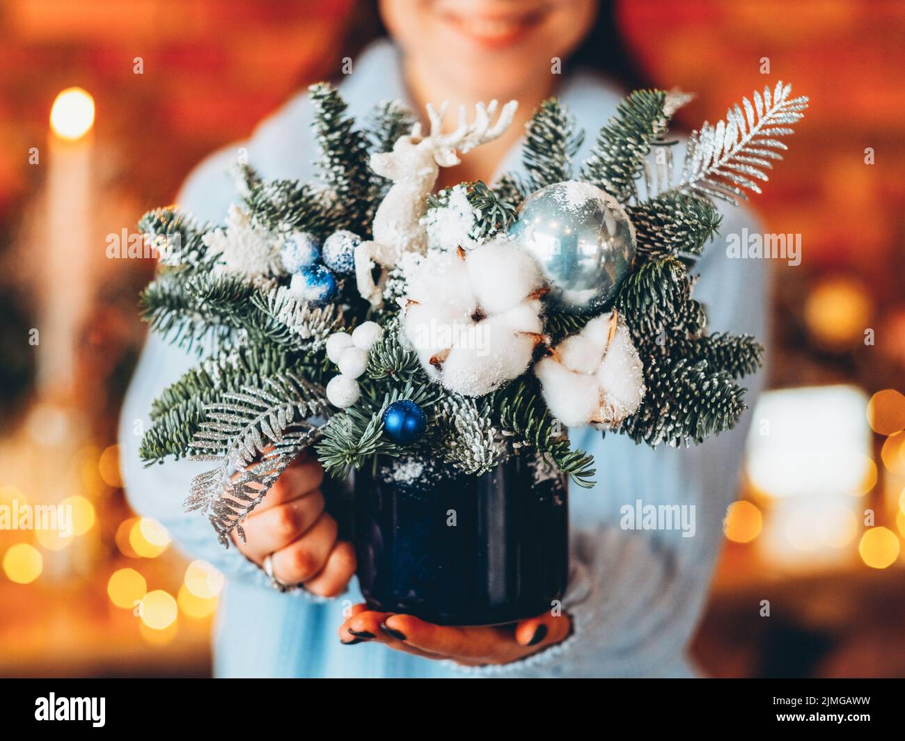 nouvel an créatif cadeau sapin brindilles coton plante Banque D'Images
