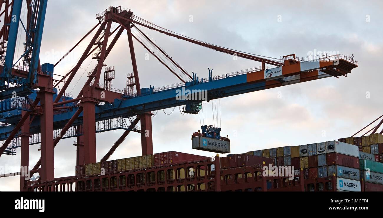 Conteneur chargé sur un navire à conteneurs au terminal de conteneurs Eurogate, Hambourg, Allemagne Banque D'Images