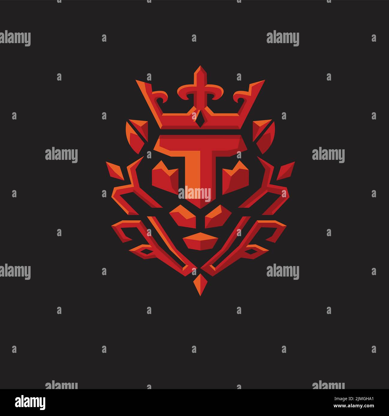 Un symbole vectoriel représentant un lion rouge avec un logo de la couronne géométrique sur fond sombre Illustration de Vecteur