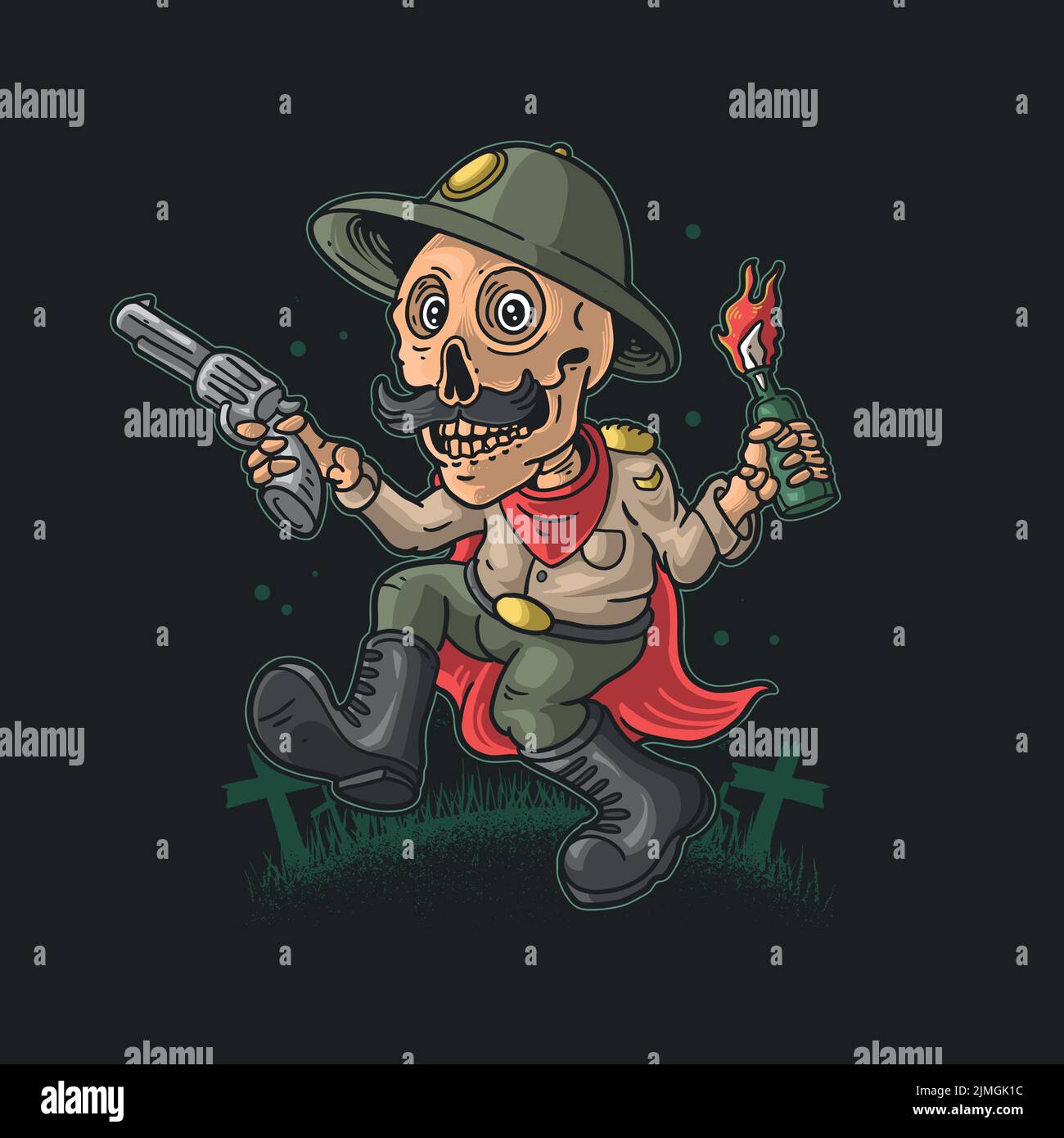 Un dessin vectoriel d'un drôle de personnage de squelette apporte revolver et Molotov avec un fond sombre Illustration de Vecteur