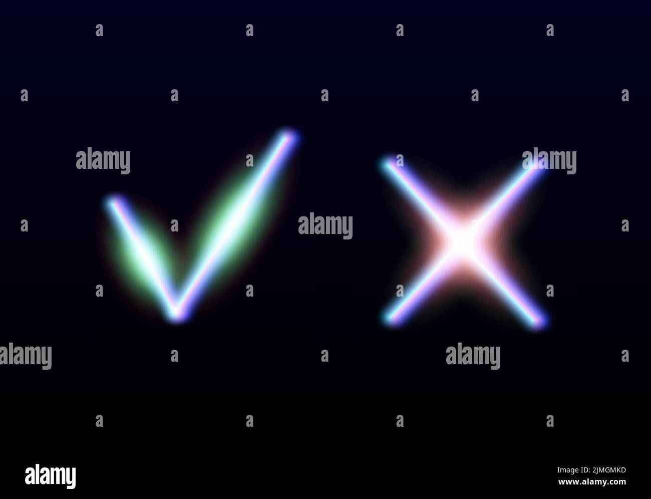 Néon lumineux oui et pas de coches. Vérifier les signes de brillance et de croisement. Voter approuver et rejeter les icônes lumineuses. Emblèmes X et V. Illustration de Vecteur