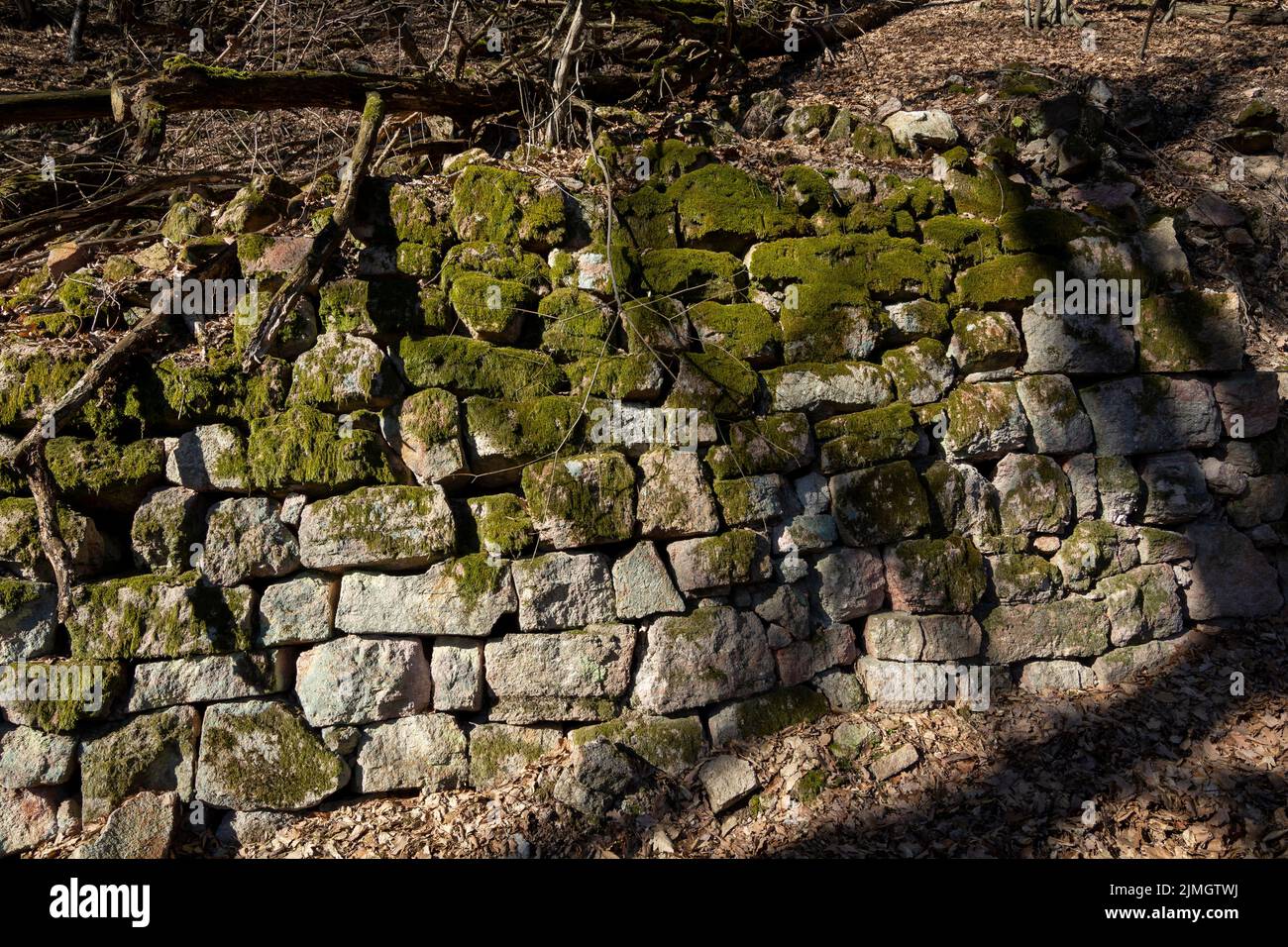 Des fragments anciens de mur de roche dans la forêt protégeant la route du glissement de terrain. Barrière en pierre. Banque D'Images