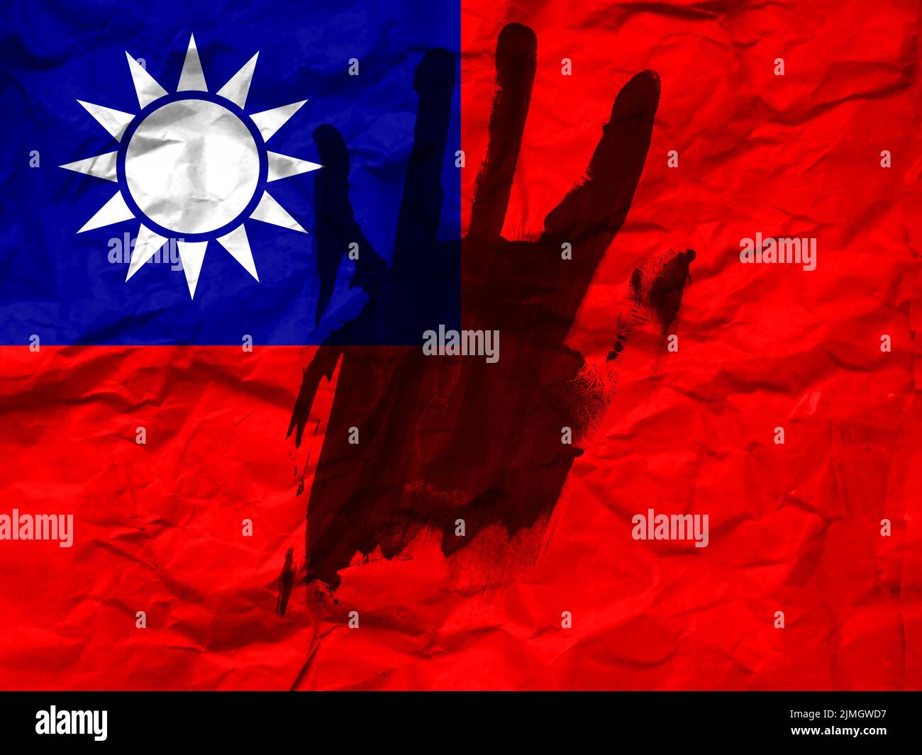 Guerre à Taiwan, concept de protestation contre la guerre, mettre fin à la guerre et sauver des vies, drapeau de Taiwan et symbole de la main pour arrêter la guerre. Banque D'Images