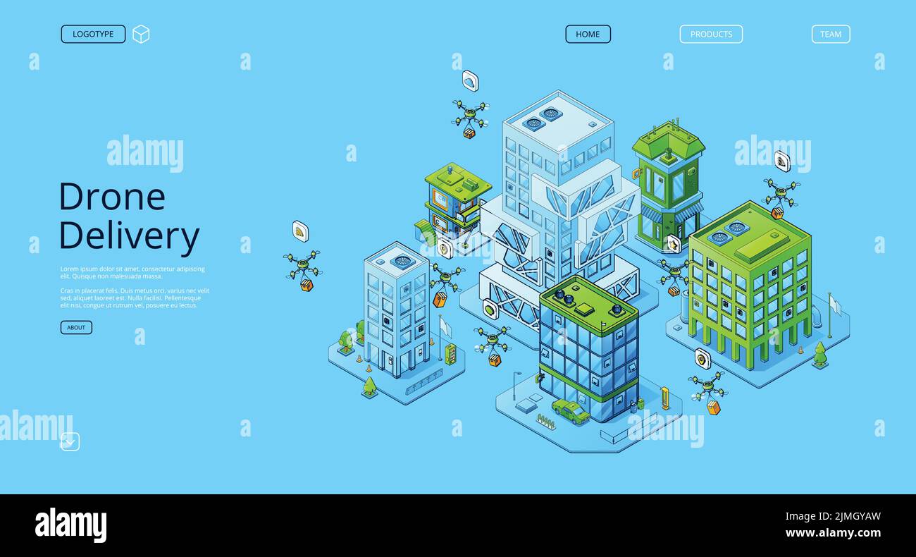 Livraison de drone page d'accueil isométrique, quadcopters expédition de colis de l'entrepôt aux clients.Technologie futuriste de logistique, avion fret tra Illustration de Vecteur