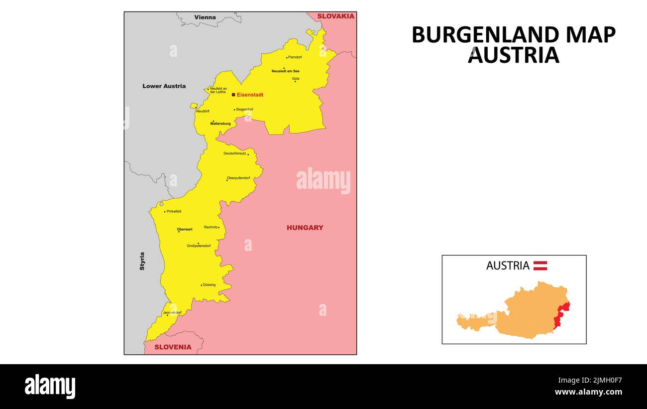 Carte du Burgenland. Carte de l'état et du district du Burgenland. Carte politique du Burgenland avec le quartier principal Illustration de Vecteur
