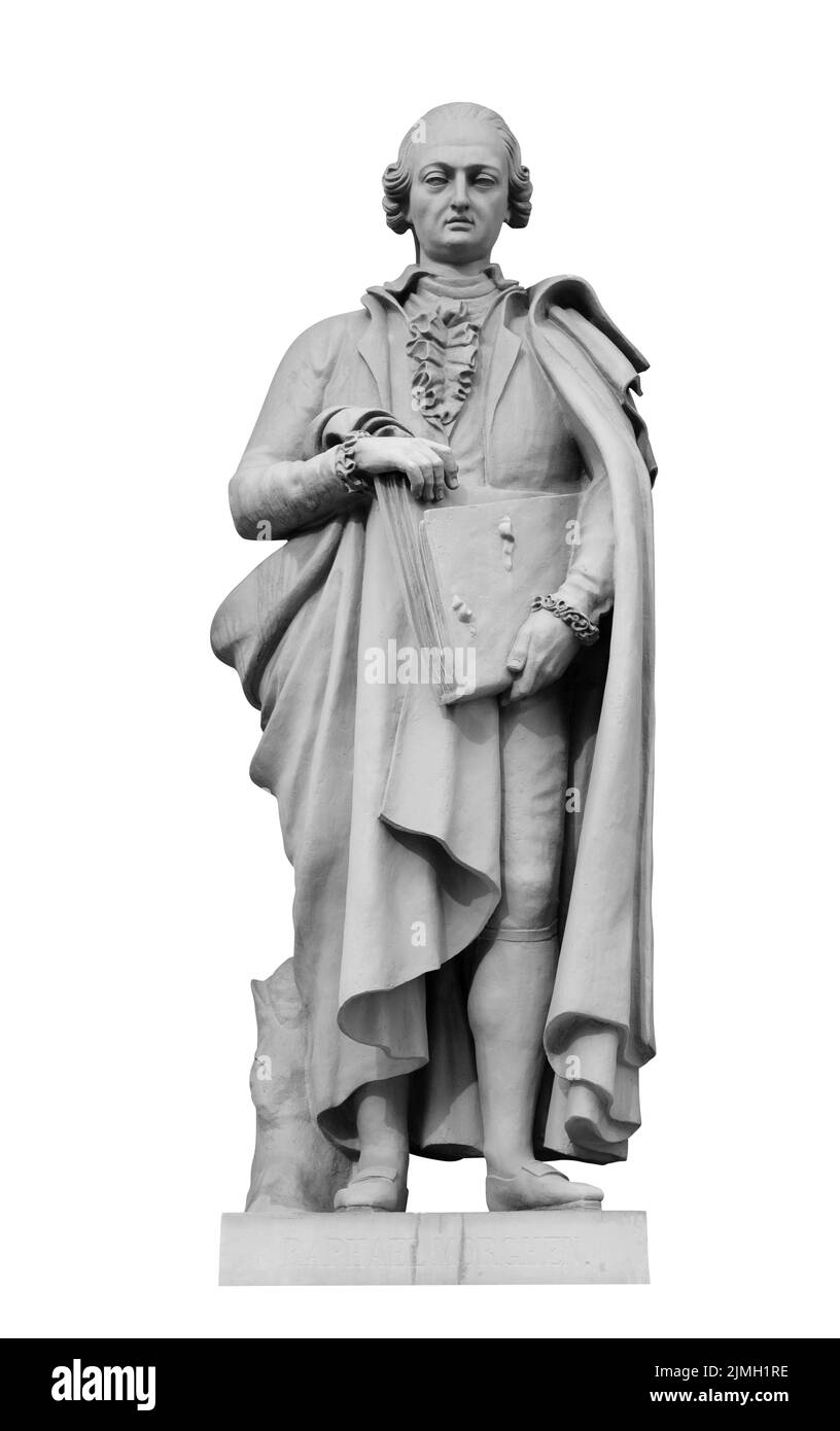 Statue de Raphaël Morghen sur la façade du nouvel édifice de l'Ermitage à Saint-Pétersbourg sur fond blanc avec passe-coupures Banque D'Images