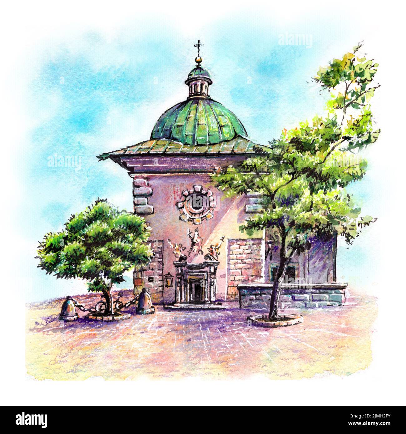 Aquarelle de l'église Saint-Wojciech sur la place du marché principal, Cracovie, Pologne Banque D'Images