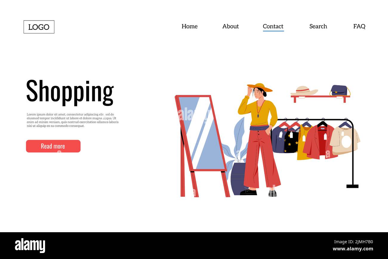 Magasin de vêtements. Femme essayant de nouveaux vêtements devant le miroir. Boutique de mode avec vestes et t-shirts sur cintres, accessoires sur étagère Landing pag Illustration de Vecteur