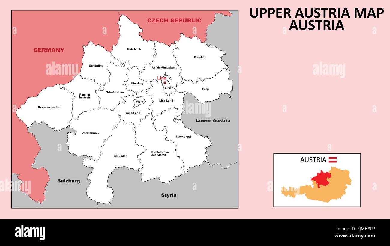 Carte de la haute-Autriche. Carte de la haute-Autriche. Carte administrative de la haute-Autriche avec quartier et capitale en blanc. Illustration de Vecteur