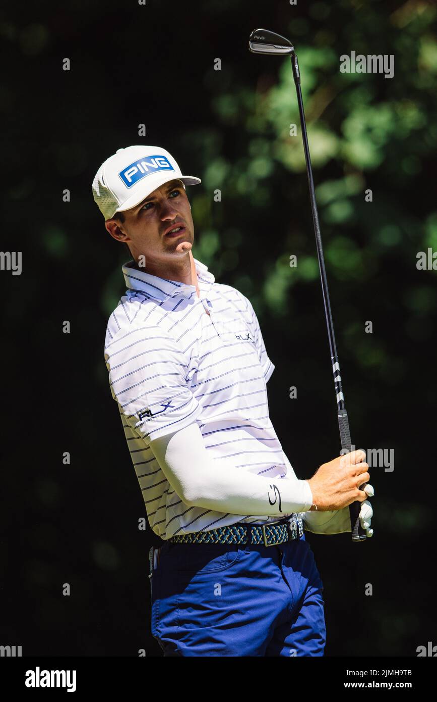 6 août 2022: Alex Smalley est à l'origine de la deuxième manche du troisième tour du championnat 2022 Wyndham au Sedgefield Country Club de Greensboro, en Caroline du Nord. Scott Kinser/CSM Banque D'Images