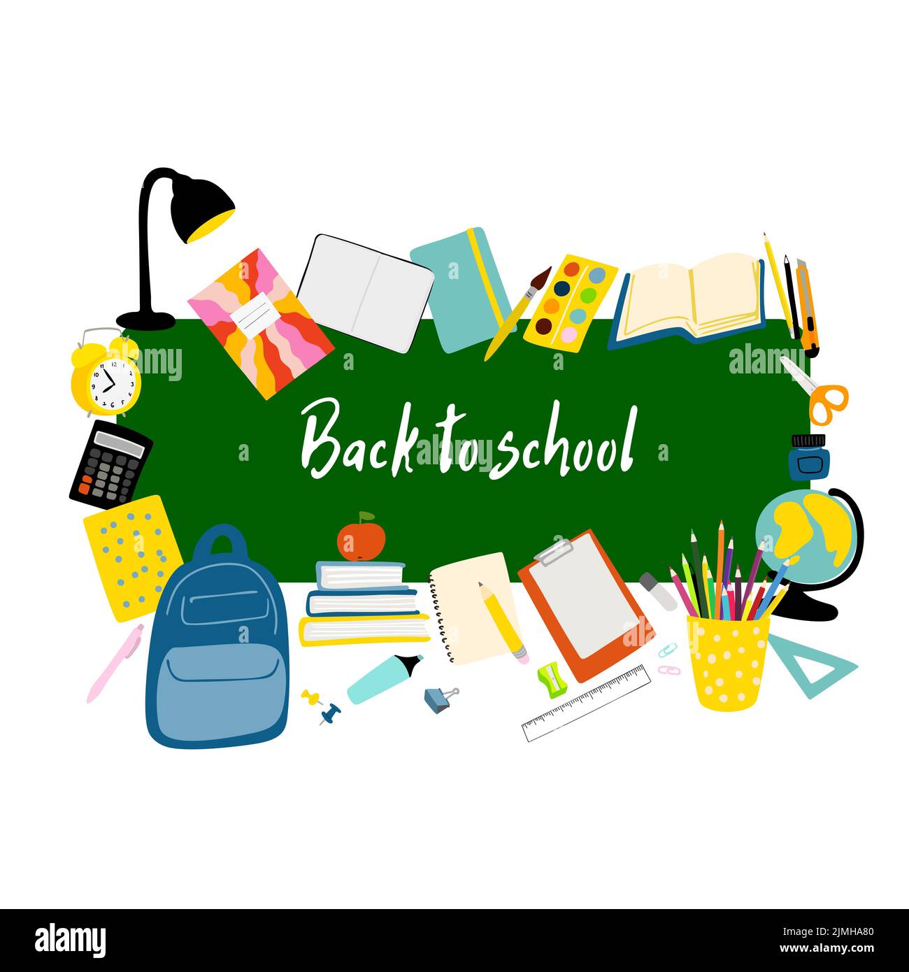 Illustration de retour à l'école avec planche scolaire, sac à dos, livres et papeterie isolés sur fond blanc Illustration de Vecteur