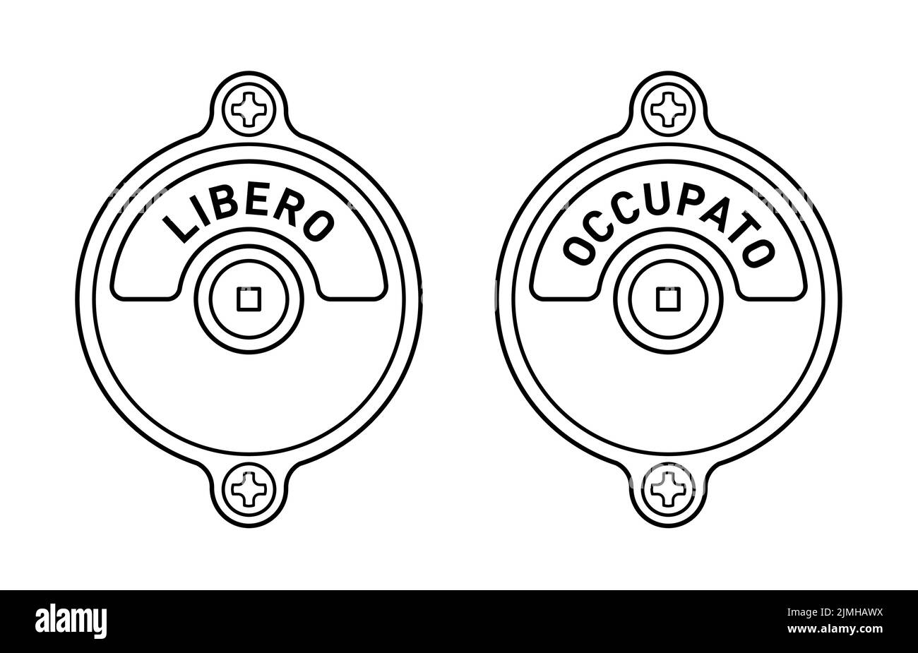 Illustration vectorielle ensemble de serrures de porte de toilettes publiques avec texte italien, libero pour vacant, occupato pour occupé Illustration de Vecteur