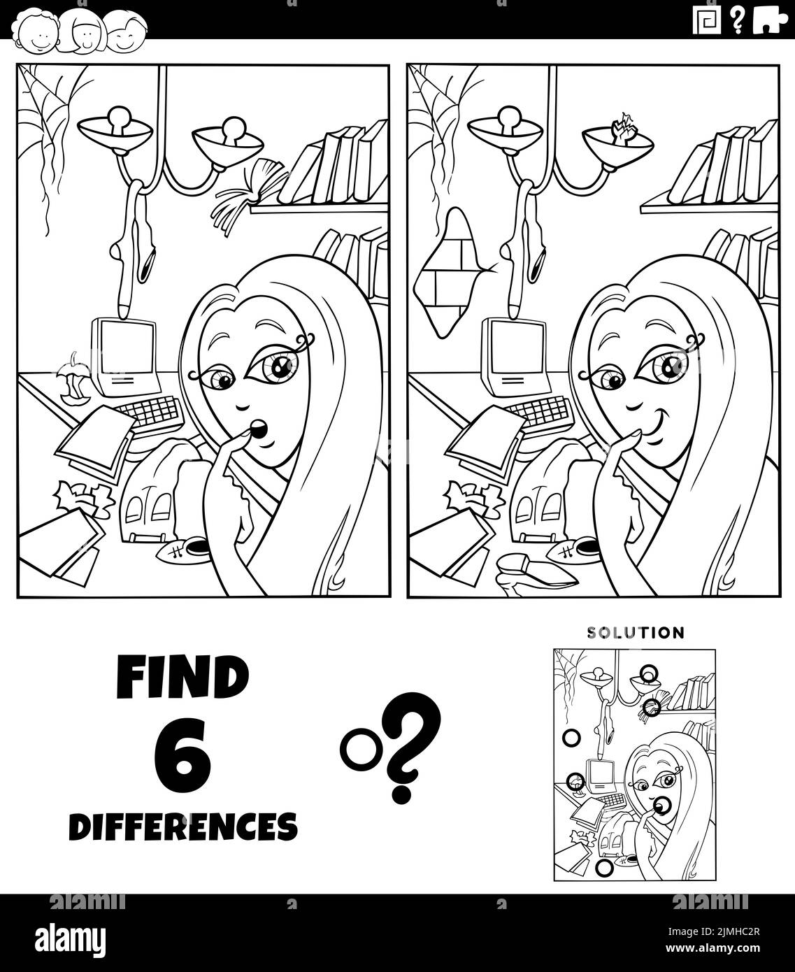 Tâches de différences avec fille et mess dans sa page de livre de coloriage de chambre Banque D'Images