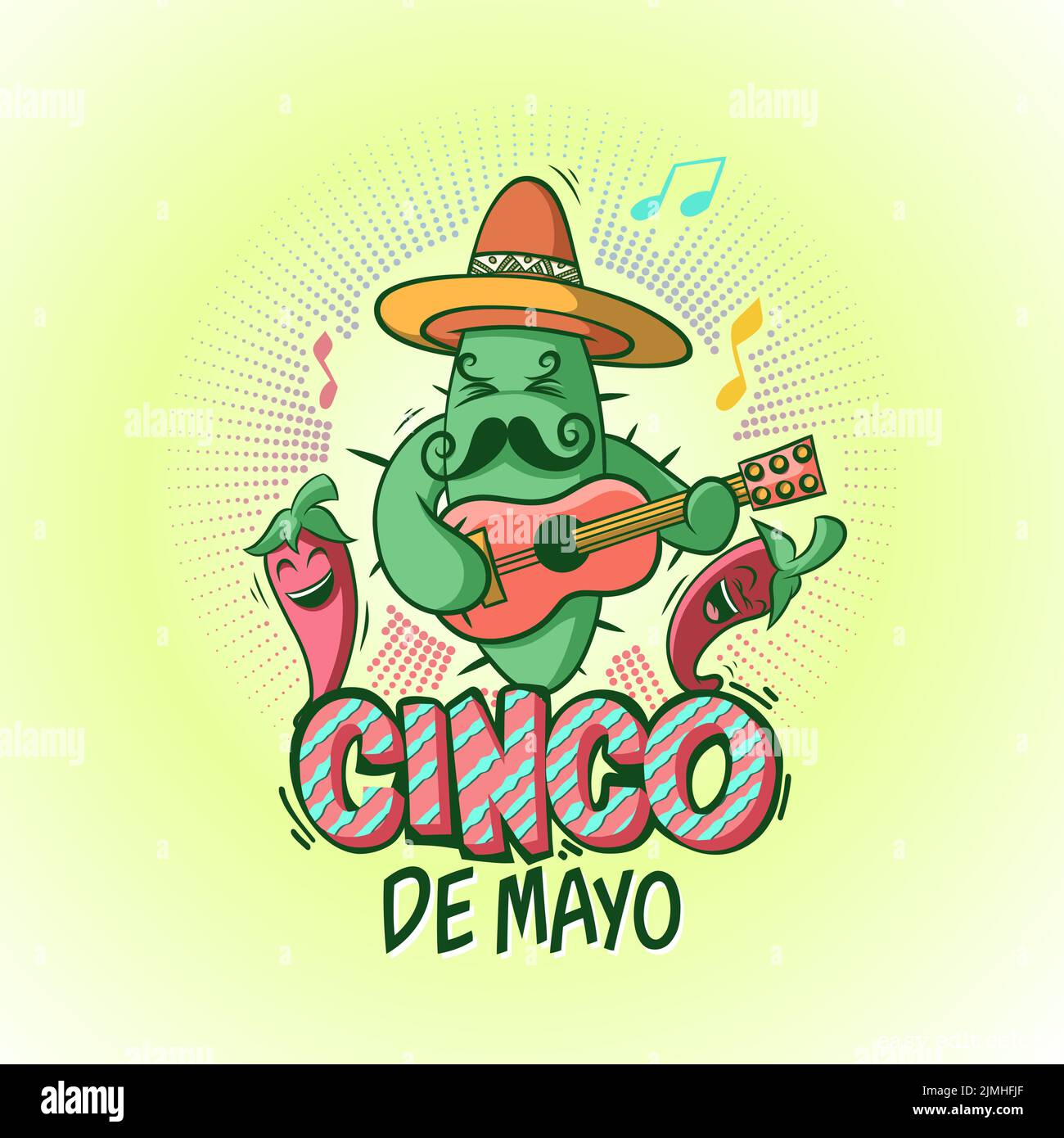 Joyeux personnage de cactus cinco de mayo avec guitare et piment, facile à modifier la couleur. Merci pour le téléchargement Illustration de Vecteur