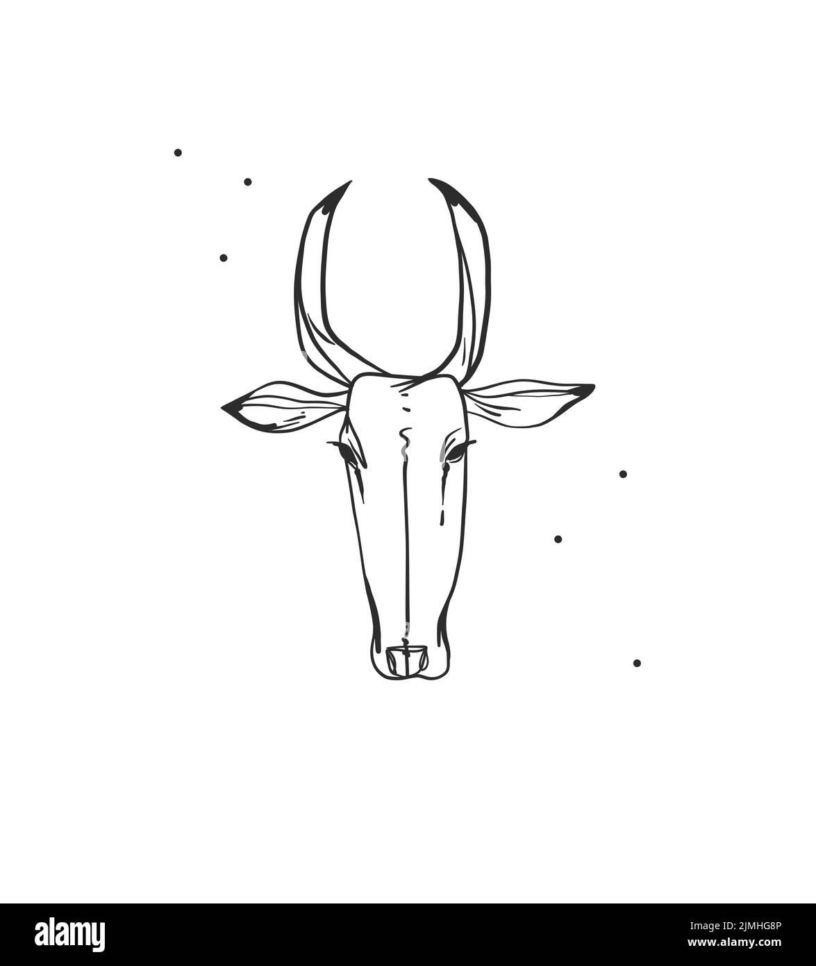 Dessin à la main abstrait vecteur graphique clipart illustration tête de vache boho avec corne logo élément.Western design concept.Bohemian sauvage ouest contemporain Illustration de Vecteur