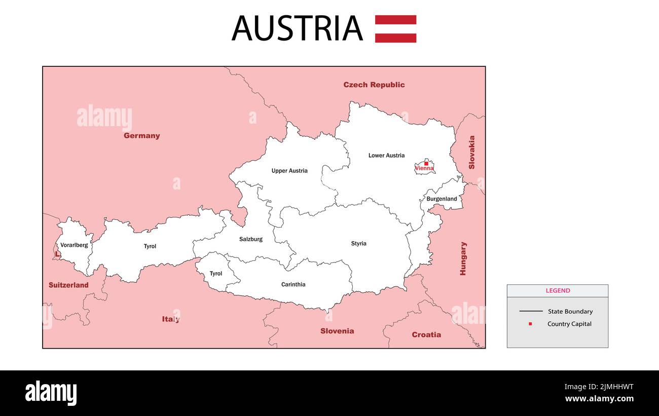 Carte de l'Autriche. Carte politique de l'Autriche. Carte de l'Autriche avec noms et frontières des pays voisins. Illustration de Vecteur