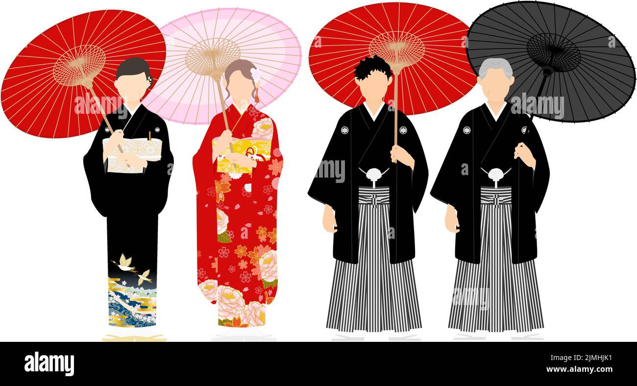 Membres de la famille dans un kimono avec parasols japonais, hakama à crête et furisode, tomesode noire Illustration de Vecteur