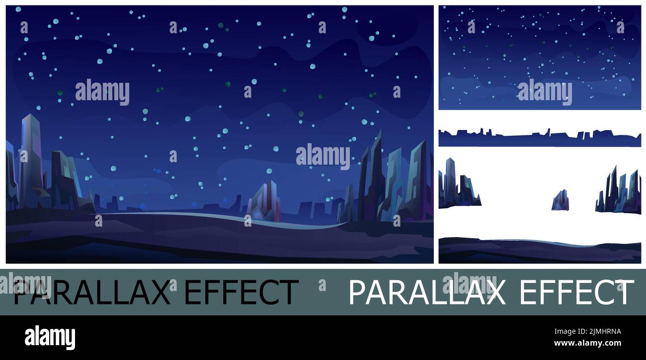 Rochers falaises paysage. Planètes inexplorées. Image des calques pour une superposition avec effet de parallaxe. Ciel étoilé. Paysage nocturne en montagne. Dessin animé plat Illustration de Vecteur Rochers falaises paysage. Planètes inexplorées. Image des calques pour une superposition avec effet de parallaxe. Ciel étoilé. Paysage nocturne en montagne. Dessin animé plat Illustration de Vecteur