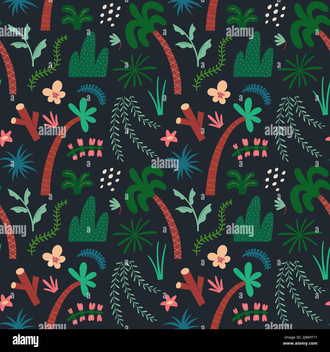 Motif de plantes tropiques, divers arbres et feuillages de forêt de réines, lianas suspendus, palmtree. Imprimé sans couture avec éléments botaniques. Plantes de forêt exotiques Illustration de Vecteur
